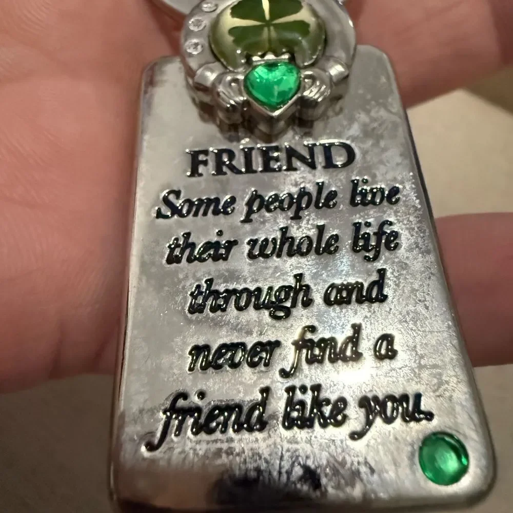 Lucky Irish Friend Keychain with Real Four Leaf Clover & Green Gemstones